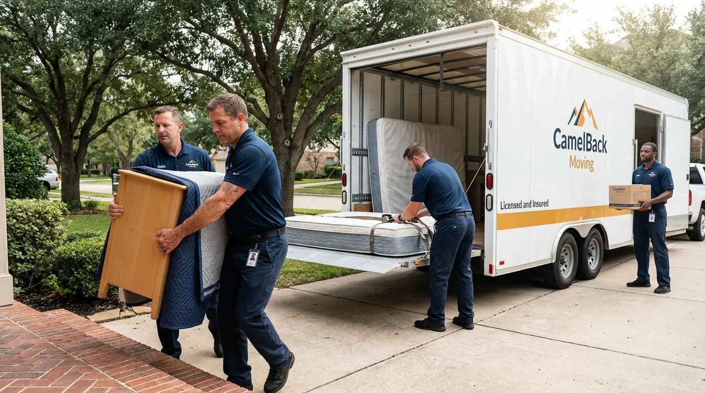 Crew loading residential truck for cross-state move from Roanoke, TX