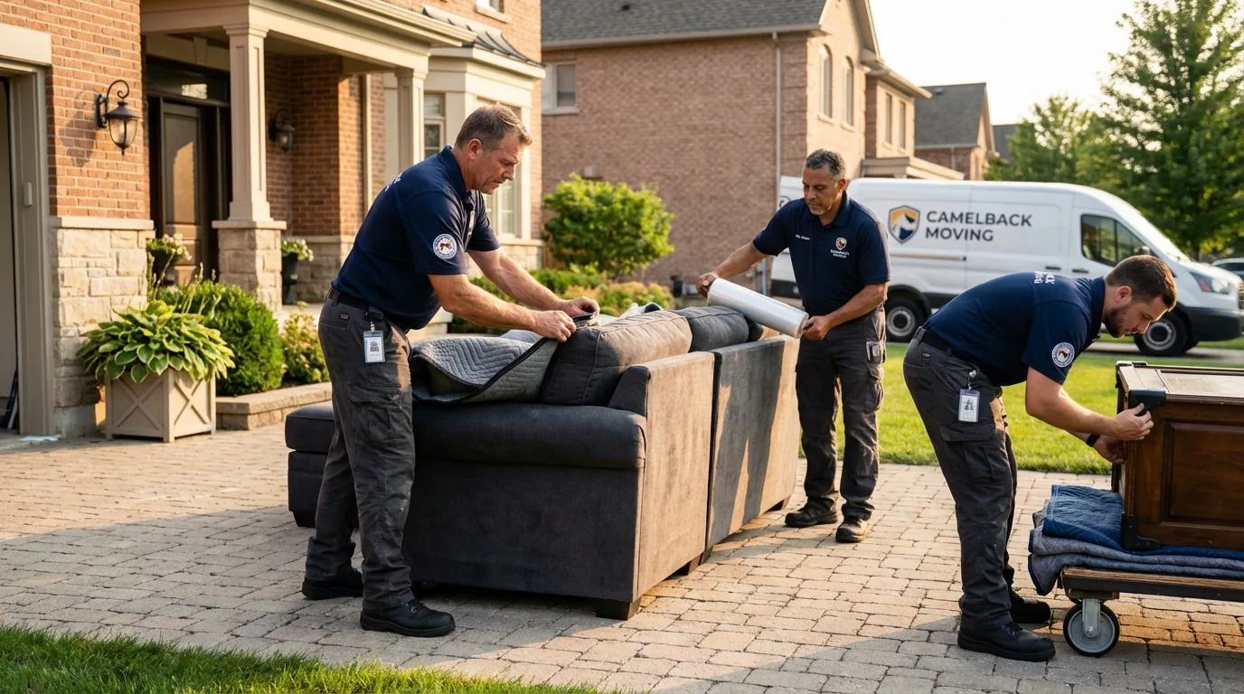 Large estate moving crew wrapping furniture in Roanoke, TX