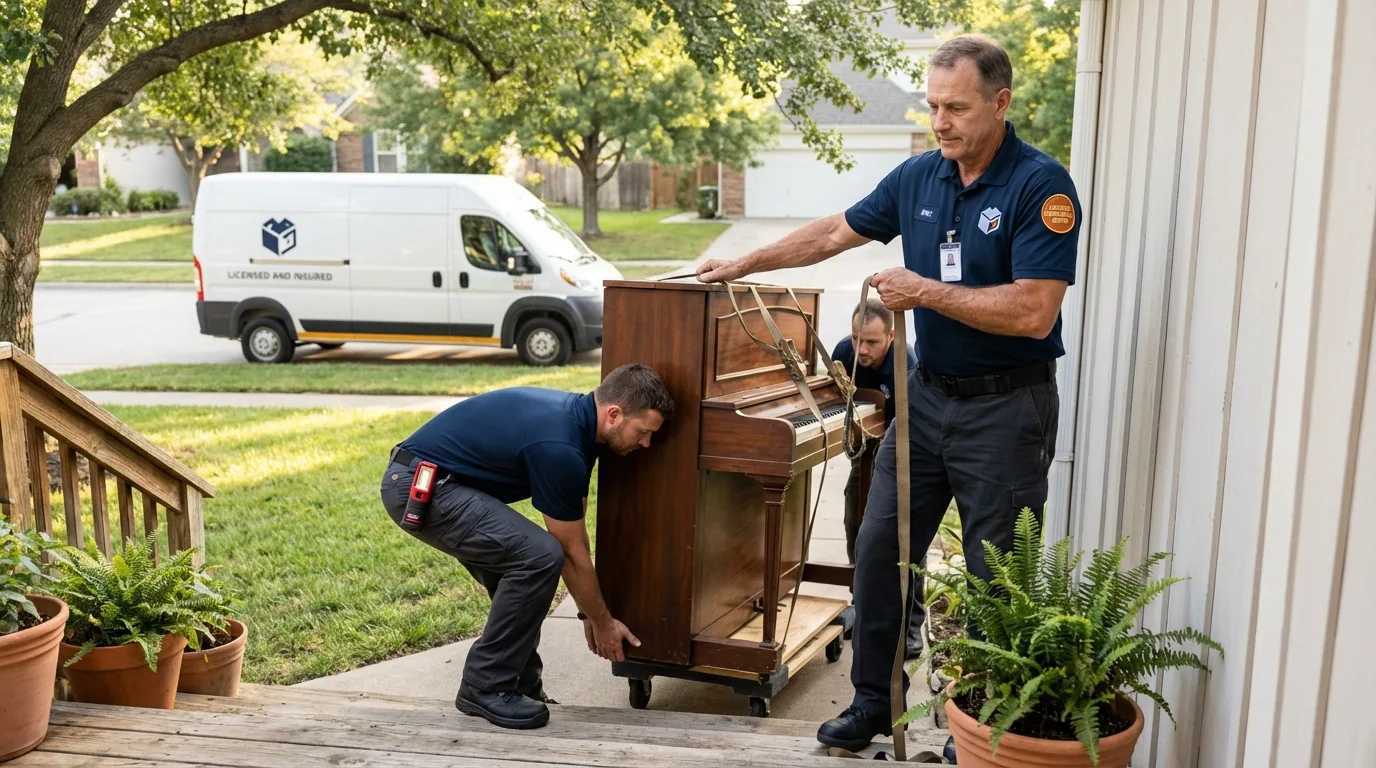 Licensed piano movers securing grand piano in Roanoke, TX