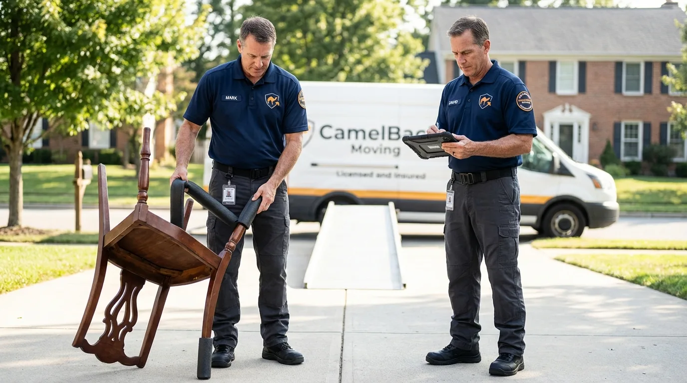 Movers inspecting furniture for damage prevention before loading in Roanoke, TX